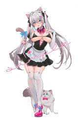Rule 34 | 1girl, absurdres, animal ears, apron, bare shoulders, bikini, blue eyes, bow, bowtie, breasts, cat, cat ears, cat girl, cat tail, collar, detached sleeves, elbow gloves, garter straps, glitch, gloves, hair ornament, hairclip, high heels, highres, jintianhuahualema, large breasts, legs together, looking at viewer, maid, maid apron, maid bikini, miniskirt, mole, naughty face, nekoha shizuku, original, puffy sleeves, sample watermark, skindentation, skirt, slit pupils, swimsuit, tail, tail grab, thigh gap, thighhighs, thighs, tongue, tongue out, unconventional maid, underboob, watermark, white hair, white thighhighs