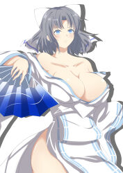 Rule 34 | 1girl, absurdres, blue eyes, bow, breasts, cleavage, collarbone, grey hair, hair bow, hand fan, highres, holding, holding fan, japanese clothes, kimono, large breasts, looking at viewer, medium hair, off shoulder, parted bangs, senran kagura, senri (senri03151221), solo, striped, striped bow, tessen, war fan, white bow, white kimono, yumi (senran kagura)