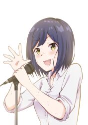 Rule 34 | 1girl, blue hair, blush, breasts, collared shirt, commentary request, highres, holding, holding microphone, large breasts, microphone, microphone stand, mole, mole under eye, nijisanji, open mouth, oyama natsuki, shirt, shizuka rin, short hair, simple background, sleeves rolled up, solo, sweat, virtual youtuber, waving, white background, white shirt, yellow eyes