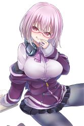 Rule 34 | 10s, 1girl, arm support, black pantyhose, black skirt, bow, breasts, collared shirt, commentary request, glasses, gridman universe, hand to own mouth, head tilt, headphones, headphones around neck, highres, jacket, kamiya zuzu, large breasts, long sleeves, looking at viewer, off shoulder, open clothes, pantyhose, pleated skirt, purple hair, purple jacket, red eyes, school uniform, shinjou akane, shirt, short hair, sitting, skirt, smile, solo, ssss.gridman, wariza, white background, white shirt