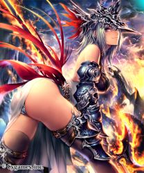 Rule 34 | 10s, 1girl, armor, ass, bare shoulders, breasts, character request, elbow gloves, fire, gauntlets, gloves, helmet, irua, large breasts, looking at viewer, mars (shingeki no bahamut), polearm, shingeki no bahamut, silver hair, smile, solo, thighhighs, watermark, weapon