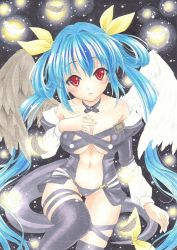 Rule 34 | 1girl, arc system works, asymmetrical wings, bad id, bad pixiv id, bare shoulders, black feathers, blue hair, blush, bow, breasts, choker, cleavage, dizzy (guilty gear), feathers, guilty gear, hair bow, hand on own chest, kumaccyo, large breasts, long hair, navel, red eyes, ribbon, solo, tail, tail ornament, tail ribbon, thighhighs, twintails, underboob, wings