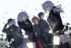 Rule 34 | 2boys, 3girls, adjusting clothes, adjusting headwear, ahoge, artoria pendragon (all), artoria pendragon (fate), black coat, black dress, black gloves, black hair, black headwear, black jacket, black neckwear, black pants, black ribbon, black shorts, blue coat, brown hair, cloak, coat, commentary request, dress, dutch angle, edmond dantes (fate), fate/grand order, fate (series), fedora, formal, fujimaru ritsuka (female), fujimaru ritsuka (female) (royal brand), fur-trimmed jacket, fur-trimmed sleeves, fur trim, gloves, hair ribbon, hand on own hip, hat, highres, jacket, jeanne d&#039;arc (fate), jeanne d&#039;arc alter (fate), jeanne d&#039;arc alter (ver. shinjuku 1999) (fate), jewelry, lazy orange, long hair, long sleeves, low ponytail, multiple boys, multiple girls, necktie, official alternate costume, pant suit, pants, pendant, ponytail, ribbon, saber alter, saber alter (ver. shinjuku 1999) (fate), sherlock holmes (fate), short hair, short shorts, shorts, smile, smoking pipe, suit, wavy hair, white background, white hair, wicked dragon witch ver. shinjuku 1999, yellow eyes