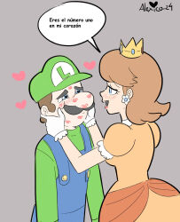 Rule 34 | 1boy, 1girl, blue eyes, blue overalls, blush, breasts, brown hair, cabbie hat, cheek squash, couple, crown, daisy, earrings, eye contact, face-to-face, facial hair, flower, flower earrings, frilled gloves, frills, gloves, green shirt, grey background, hands on another&#039;s face, happy, hat, heart, heart-shaped pupils, hetero, highres, initial, jewelry, kiss, letter print, lipstick mark, long sleeves, looking at another, luigi, mario (series), medium breasts, medium hair, mini crown, mustache, narrow waist, nintendo, overalls, princess daisy, puffy short sleeves, puffy sleeves, red lips, shirt, short hair, short sleeves, smile, spanish commentary, spanish text, super mario bros. wonder, symbol-shaped pupils, thecooleralexico, translated, twitter username, white gloves