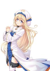 Rule 34 | 1girl, absurdres, blonde hair, blue eyes, boots, breasts, brooch, collared dress, dress, female focus, floating hair, frilled sleeves, frills, fur trim, goblin slayer!, gold trim, hat, highres, jewelry, kannatsuki noboru, long hair, long sleeves, looking at viewer, looking to the side, multicolored clothes, multicolored hat, novel illustration, official art, own hands clasped, own hands together, parted lips, priestess, priestess (goblin slayer!), second-party source, simple background, small breasts, solo, standing, star (symbol), thigh boots, thighhighs, thighs, very long hair, white background, white dress, white hat, white thighhighs