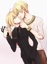 Rule 34 | 1boy, 1girl, ahoge, artoria pendragon (all), artoria pendragon (fate), black gloves, blonde hair, bracelet, casual, chrom (chromium), fate/zero, fate (series), formal, gilgamesh (fate), gloves, green eyes, jewelry, long hair, necklace, necktie, official alternate costume, pant suit, pants, ponytail, red eyes, saber (fate), short hair, suit, white background