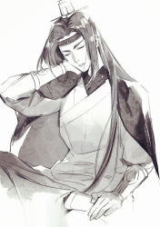Rule 34 | 1boy, arm up, bean mr12, black hair, closed eyes, greyscale, lanxi zhen, crossed legs, long hair, long sleeves, monochrome, parted lips, simple background, solo, luo xiaohei zhanji, white background, wuxian (the legend of luoxiaohei)
