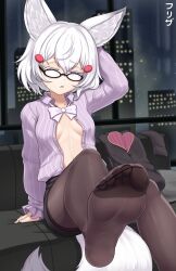 Rule 34 | 1girl, black jacket, black pantyhose, black skirt, bow, bowtie, breasts, choppy bangs, couch, double-parted bangs, efreezerarts, feet, foot focus, fox girl, fox tail, glasses, hair ornament, highres, jacket, medium hair, one eye closed, open clothes, pantyhose, phase connect, purple eyes, purple shirt, shirt, sitting, skirt, skyline, small breasts, tail, tenma maemi, virtual youtuber, white bow, white bowtie, white hair
