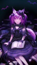 Rule 34 | 1girl, animal ear fluff, animal ears, arknights, black dress, book, chinese commentary, commentary request, dress, fox ears, fox girl, fox tail, hair between eyes, hair ornament, highres, looking at viewer, official alternate costume, parted lips, puffy short sleeves, puffy sleeves, purple eyes, purple hair, shamare (arknights), shamare (echo of the horrorlair) (arknights), short sleeves, skull hair ornament, solo, tail, tao tai lang jiang, twintails, wrist cuffs