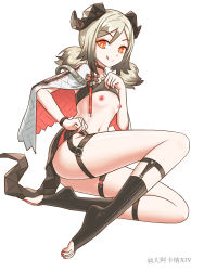 Rule 34 | 1girl, arknights, bad id, bad pixiv id, black legwear, blonde hair, bottomless, bra, bra lift, clothes lift, da akana xiv, garter straps, highres, horns, ifrit (arknights), lifting own clothes, nipples, no panties, orange eyes, short hair, simple background, skirt, skirt lift, solo, tail, tongue, twintails, underwear, white background