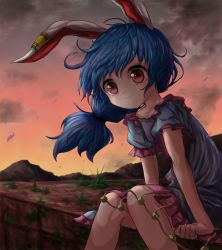 Rule 34 | 1girl, animal ears, bad id, bad pixiv id, blue dress, brick wall, child, cloud, cloudy sky, commentary request, dress, earclip, feet out of frame, grass, hair blowing, highres, kayon (touzoku), knees together feet apart, layered dress, leaning forward, legs together, long hair, looking at viewer, low-tied long hair, mountain, pink skirt, puffy short sleeves, puffy sleeves, rabbit ears, red eyes, red sky, seiran (touhou), short sleeves, sitting, skirt, sky, smile, solo, sunset, touhou, twilight, wind