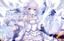 Rule 34 | 1girl, :o, alternate hair length, alternate hairstyle, armpits, artist name, ayasal, bare shoulders, blunt bangs, blush, braid, breasts, cleavage, commentary, crown braid, detached collar, detached sleeves, dot nose, dress, elf, emilia (re:zero), english commentary, floating hair, flower, french braid, frilled dress, frills, gem, green gemstone, hair flower, hair ornament, hair ribbon, highres, ice, ice shard, light purple hair, long hair, looking at viewer, low-tied long hair, medium breasts, miniskirt, outstretched arm, parted lips, pleated skirt, pointy ears, purple eyes, purple ribbon, re:zero kara hajimeru isekai seikatsu, ribbon, rose, shards, sidelocks, skirt, solo, very long hair, watermark, white dress, white flower, white rose, white skirt, white sleeves, wide sleeves, x hair ornament