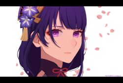 Rule 34 | 1girl, artist name, closed mouth, commentary request, falling petals, genshin impact, hair ornament, highres, letterboxed, long hair, looking at viewer, mole, mole under eye, neck ribbon, nekomata nyanko, petals, portrait, purple eyes, purple hair, raiden shogun, red ribbon, ribbon, simple background, solo, tassel, white background