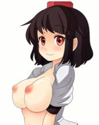 Rule 34 | 1girl, animated, animated gif, bad id, bad pixiv id, black hair, blinking, blush, bouncing breasts, breast press, breasts, emofuri, facing viewer, hat, head tilt, inverted nipples, large breasts, looking at viewer, lowres, md5 mismatch, nipples, no bra, oimo (imoyoukan), oimonocake, open clothes, open mouth, open shirt, red eyes, shameimaru aya, shirt, short hair, simple background, smile, solo, tokin hat, touhou, ugoira, upper body, v arms, white background