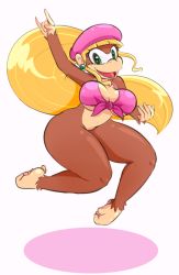 Rule 34 | 1girl, ape, ass, barefoot, blonde hair, bottomless, breasts, cleavage, colored skin, curvy, dixie kong, donkey kong (series), earrings, fyxe, green eyes, hat, jewelry, large breasts, long hair, monkey girl, navel, nintendo, ponytail, shiny skin, sidelocks, smile, thick thighs, thighs, underboob, very long hair