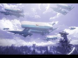 Rule 34 | 1girl, aircraft, brown hair, city, cityscape, cloud, dirigible, hat, highres, hover bike, letterboxed, mecha, original, riding, robot, scenery, science fiction, short hair, skirt, sky, skyline, solo, spacecraft, the machine planet, tsukuba masahiro, witch hat, yamaha, yamato transport