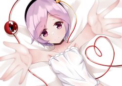 Rule 34 | 1girl, armpits, bare arms, bare shoulders, black hairband, blurry, blurry foreground, closed mouth, depth of field, dutch angle, eyeball, foreshortening, from above, hair ornament, hairband, heart, heart hair ornament, heart of string, highres, komeiji satori, looking at viewer, lying, mantou xiang, on back, outstretched arms, purple eyes, purple hair, red eyes, short hair, smile, solo, third eye, touhou, upper body