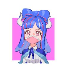 Rule 34 | 1girl, alternate hairstyle, blue cape, blue hair, bow-shaped hair, cape, covered mouth, curled horns, dinosaur girl, horns, jewelry, long hair, mask, mouth mask, multicolored hair, necklace, one piece, pink eyes, pink hair, pink mask, raine (acke2445), shirt, solo, streaked hair, ulti (one piece), white shirt