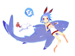 Rule 34 | 1girl, :o, afloat, bare shoulders, barefoot, blood, blue hair, blush, rabbit, casual one-piece swimsuit, disgaea, dress, flat chest, from above, hair ribbon, harada takehito, legs, looking at viewer, lying, official art, on back, one-piece swimsuit, panties, pantyshot, partially submerged, pleinair, pointy ears, reclining, red eyes, ribbon, same-san, shark, short dress, short hair, soaking feet, solo, speech bubble, spiked hair, stitched, stuffed animal, stuffed rabbit, stuffed toy, surprised, swimsuit, third-party edit, underwear, usagi-san, water, white panties