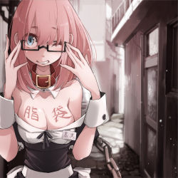 Rule 34 | 1girl, adjusting eyewear, blue eyes, breasts, building, chain, cleavage, collar, detached collar, door, glasses, maid, md5 mismatch, name tag, one eye closed, original, pink hair, resolution mismatch, short hair, smile, solo, source smaller, takagi (tansuke), tansuke, translated, wink, wrist cuffs