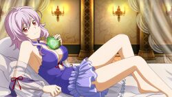 Rule 34 | 1girl, ahoge, bare legs, bed sheet, blue dress, breasts, candelabra, candlestand, cleavage, closed mouth, curtains, dress, eyebrows hidden by hair, game cg, hair between eyes, highres, holding, large breasts, long hair, looking at viewer, lying, mole, mole on breast, official art, on back, pillow, purple hair, red eyes, sash, short dress, sideboob, sleepwear, sleeveless, sleeveless dress, smile, solo, straight hair, strea (sao), sword art online, sword art online last recollection