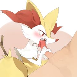 Rule 34 | 1boy, 1other, ambiguous gender, animal ear fluff, animal ears, animal hands, blush, body fur, braixen, creatures (company), cum, cum in mouth, ejaculation, fang, fellatio, fox ears, fox tail, furry, furry with non-furry, game freak, gen 6 pokemon, highres, interspecies, nintendo, open mouth, oral, penis, penis grab, pokemon, pokemon (creature), pokephilia, profile, red eyes, snout, stick, tail, tongue, tongue out, uncensored, white fur, yellow fur, youjo modoki