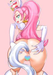 Rule 34 | 1girl, absurdres, anal, anal object insertion, anal tail, anus, blue eyes, censored, character request, elbow gloves, fake tail, from behind, gloves, heart, heart censor, highres, kuppipi ramutarou, long hair, looking back, nude, object insertion, pink background, pink hair, ponytail, precure, pussy, simple background, socks, solo, spread anus, tail
