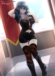Rule 34 | 1girl, absurdres, armor, black shorts, blue eyes, blue hair, blush, boots, breasts, byleth (female) (fire emblem), byleth (fire emblem), fire emblem, fire emblem: three houses, gluteal fold, highres, large breasts, legs, long hair, looking at viewer, navel, nintendo, short shorts, short sleeves, shorts, smile, solo, standing, thighhighs, thighs, vilde loh hocen