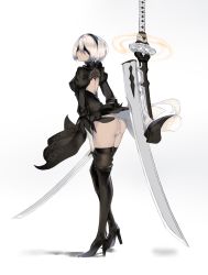 Rule 34 | back cutout, black dress, black footwear, black hairband, blindfold, boots, clothing cutout, covered eyes, dress, feather-trimmed sleeves, hairband, high heel boots, high heels, highleg, highleg leotard, highres, holding, holding sword, holding weapon, juliet sleeves, leotard, long sleeves, moebaka, mole, mole under mouth, nier (series), nier:automata, puffy sleeves, ribbed dress, silver hair, sword, thigh boots, thighhighs, thighhighs under boots, vambraces, weapon, weapon on back, white leotard, 2b (nier:automata)