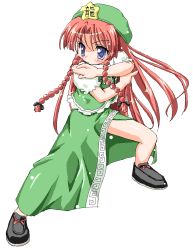 Rule 34 | 1girl, bare legs, beret, blue eyes, blush, blush stickers, bow, braid, china dress, chinese clothes, dress, female focus, fighting stance, full body, green hat, hair bow, hat, hong meiling, immaterial and missing power, kekyo, long hair, oekaki, pink hair, purple eyes, red hair, serious, shiny skin, side slit, simple background, solo, spread legs, standing, star (symbol), touhou, twin braids, very long hair, white background