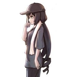 Rule 34 | 1girl, alternate costume, arm at side, baseball cap, black hair, black hat, black pants, black shirt, breasts, clenched hand, closed mouth, commentary, cowboy shot, english commentary, from side, frown, green eyes, hand up, hat, jacy, karyl (princess connect!), long hair, looking afar, low twintails, pants, princess connect!, shirt, short sleeves, sideways mouth, small breasts, solo, sweat, towel, towel around neck, twintails, wiping sweat