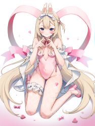 Rule 34 | 1girl, animal ears, bare shoulders, blonde hair, blue eyes, blush, bow, breasts, bridal garter, closed mouth, fishnet pantyhose, fishnets, full body, hair bow, hair ornament, heart, heart hair ornament, heart hands, high heels, highres, legs, leotard, long hair, one side up, pantyhose, pink footwear, pink leotard, rabbit ears, simple background, small breasts, solo, toe cleavage, very long hair, virtual youtuber, vyugen, white background, yenko (vtuber), yenkoes