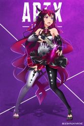 Rule 34 | 1girl, absurdres, apex legends, asymmetrical legwear, breasts, crystal, detached sleeves, gun, heterochromia, highres, holding, holding gun, holding weapon, hololive, hololive english, irys (hololive), long hair, mismatched legwear, nail polish, pantyhose, red hair, sa-3 mozambique, seraphim throne, single thighhigh, thighhighs, two-tone dress, uneven legwear, very long hair, virtual youtuber, weapon