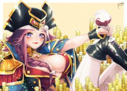 Rule 34 | 10s, 1girl, alcohol, black footwear, blue eyes, blush, boots, braid, breasts, cleavage, coin, cup, drinking glass, fate/extra, fate (series), francis drake (fate), francis drake (third ascension) (fate), from side, glitter, hat, knee boots, large breasts, long hair, looking at viewer, looking to the side, mokokiyo (asaddr), pirate, pirate hat, purple hair, scar, side braid, smile, solo, wine, wine glass, wrist cuffs