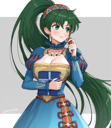 Rule 34 | 1girl, artist name, blue dress, blush, box, breasts, cleavage, closed mouth, collarbone, commentary, detached sleeves, dress, earrings, fire emblem, fire emblem: the blazing blade, fire emblem heroes, gift, gift box, gonzarez, green eyes, green hair, hair ornament, hand up, highres, holding, jewelry, lips, long hair, long sleeves, looking away, lyn (fire emblem), lyn (valentine) (fire emblem), medium breasts, nintendo, ponytail, puffy sleeves, signature, simple background, solo, upper body