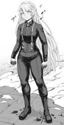 Rule 34 | 1girl, absurdres, blood, blood on hands, boots, breasts, clenched hands, commentary, commission, frown, full body, greyscale, highres, long hair, medium breasts, monochrome, original, pants, pointy ears, solo, speedl00ver, thighs, very long hair