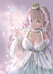 Rule 34 | 1girl, 2020, arm behind back, bare shoulders, blue eyes, breasts, choker, cleavage, closed mouth, crown, dated, detached sleeves, dress, earrings, eyelashes, fingernails, hand up, highres, jewelry, lips, long hair, long sleeves, medium breasts, mini crown, necklace, original, pink hair, pink lips, piyoco, princess, purple background, ring, see-through, see-through sleeves, smile, solo, wavy hair, white choker, white dress, white sleeves