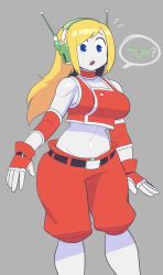 Rule 34 | 1girl, antennae, arm warmers, blonde hair, blue eyes, curly brace, doukutsu monogatari, fingerless gloves, gloves, headset, highres, joints, long hair, looking at viewer, midriff, navel, noill, open mouth, panties, red gloves, robot, robot joints, solo, speech bubble, standing, underwear