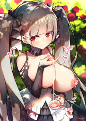 Rule 34 | 1girl, aianchor, azur lane, bare shoulders, between breasts, black dress, blush, breasts, breasts out, cleavage, cup, day, dress, earrings, formidable (azur lane), frilled dress, frills, hair ornament, hair ribbon, holding, holding cup, jewelry, lactating into container, lactation, large breasts, light brown hair, long hair, long sleeves, looking at viewer, nipples, red eyes, ribbon, solo, teacup, twintails