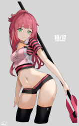 Rule 34 | 1girl, alice gear aegis, black thighhighs, commentary request, dated, fujino yayoi, green eyes, holding, holding polearm, holding weapon, polearm, ponytail, red cat hood, red hair, shirt, short shorts, shorts, signature, smile, solo, striped clothes, striped shirt, thighhighs, vest, weapon