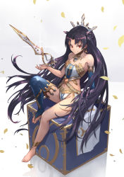 Rule 34 | 1girl, anklet, archer (ishtar), arm support, armlet, asymmetrical gloves, asymmetrical legwear, asymmetrical sleeves, bare arms, bare legs, bare shoulders, barefoot, black hair, black ribbon, blue gloves, blue thighhighs, blush, brown eyes, clothing cutout, crown, cube, day, detached collar, earrings, elbow gloves, fate/grand order, fate (series), female focus, gem, glint, gloves, hair ribbon, hand up, holding, holding weapon, hoop earrings, ishtar (fate), jewelry, knee up, legs, long hair, midriff, navel, navel cutout, neck ring, on cube, parted bangs, petals, reflection, revealing clothes, ribbon, single elbow glove, single glove, single thighhigh, sitting, smile, solo, strapless, thighhighs, thighlet, toeless legwear, toes, tohsaka rin, two side up, type-moon, uneven gloves, uneven legwear, uneven sleeves, very long hair, waist cape, weapon
