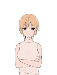 1girl arms_under_breasts bare_arms bare_shoulders blonde_hair blush breasts crossed_arms grey_eyes large_breasts looking_at_viewer nakiri_erina shokugeki_no_souma short_hair simple_background smile solo toy-black upper_body white_background