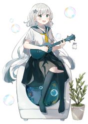 Rule 34 | 1girl, :d, black sailor collar, black skirt, blush, bubble, commentary request, full body, green eyes, grey hair, hair ornament, highres, holding, holding instrument, instrument, kneehighs, long hair, looking at viewer, no shoes, open mouth, original, plant, potted plant, sailor collar, school uniform, serafuku, shano-pirika, shirt, simple background, sitting, skirt, smile, socks, solo, star (symbol), star hair ornament, teeth, ukulele, upper teeth only, very long hair, white background, white shirt