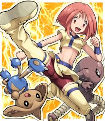 Rule 34 | &gt;:d, 1girl, :d, bike shorts, bob cut, boots, breasts, brown eyes, chigusa (pokemon), clenched hand, creatures (company), crop top, electricity, foreshortening, full body, game freak, gen 1 pokemon, gen 2 pokemon, glowing, gradient background, hitmonlee, hitmontop, kicking, looking at viewer, midriff, navel, nintendo, open mouth, orange background, outline, pink hair, pokemoa, pokemon, pokemon (anime), pokemon (classic anime), pokemon (creature), shirt, short hair, short sleeves, shorts, skirt, small breasts, smile, spread legs, thigh boots, thigh strap, thighhighs, v-shaped eyebrows, wristband, yellow footwear, yellow thighhighs