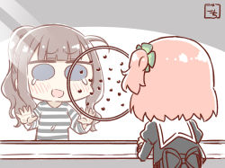 Rule 34 | 2girls, :d, alternate hairstyle, artist name, assault lily, black skirt, blue eyes, blunt bangs, blush, breasts, brown hair, chibi, clover hair ornament, commentary, cropped jacket, facing away, four-leaf clover hair ornament, glass, gochisousama (tanin050), grey background, hair ornament, hand on glass, hands up, high-waist skirt, hitotsuyanagi riri, juliet sleeves, kaede johan nouvel, long hair, long sleeves, looking at another, medium breasts, multiple girls, no pupils, one side up, open mouth, pink hair, ponytail, prison, prison clothes, prisoner, puffy sleeves, school uniform, shirt, short hair, sidelocks, skirt, smile, striped clothes, striped shirt, tearing up, two-tone background, upper body, white background, yurigaoka girls academy school uniform