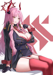 Rule 34 | 1girl, absurdres, between breasts, black dress, black gloves, black jacket, blue archive, bra, bra peek, breasts, cleavage, demon horns, dress, eyes visible through hair, gloves, halo, hand up, highres, horns, jacket, kaijiba, large breasts, long hair, looking at viewer, mole, mole on breast, necktie, necktie between breasts, open clothes, open jacket, panties, pink hair, red bra, red garter straps, red halo, red horns, red necktie, red panties, red thighhighs, red wrist cuffs, satsuki (blue archive), sitting, solo, thighhighs, underwear, wrist cuffs, yellow eyes