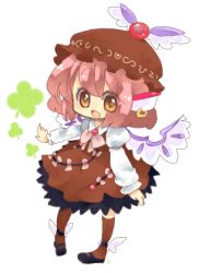 Rule 34 | 1girl, animal ears, bad id, bad pixiv id, bow, chibi, clover, dress, earrings, female focus, four-leaf clover, full body, hair bow, happy, hat, jewelry, kneehighs, long sleeves, lowres, mary janes, mystia lorelei, natsumi (natumi06), open mouth, pink hair, ribbon, shoes, short hair, simple background, socks, solo, standing, touhou, winged footwear, wings, yellow eyes