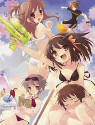 Rule 34 | 00s, 2boys, 3girls, :d, ^ ^, absurdres, arm up, asahina mikuru, back, barefoot, beach umbrella, bikini, black bikini, blush, bodysuit, book, breasts, brown hair, carrying, chair, cherry, closed eyes, diving suit, drink, drinking straw, eyewear on head, flat chest, floral background, flower, folded ponytail, food, front-tie bikini top, front-tie top, fruit, grey hair, grin, hair ornament, hair ribbon, hairband, hairclip, half updo, halterneck, highres, holding, holding book, ito noizi, koizumi itsuki, kyon, long hair, looking at viewer, looking back, lounge chair, multiple boys, multiple girls, nagato yuki, navel, nose blush, official art, open book, open mouth, orange eyes, outstretched arms, reading, reclining, red bikini, ribbon, scan, short hair, shoulder carry, sitting, small breasts, smile, spiked hair, spread arms, star (symbol), sunglasses, surfboard, surfing, suzumiya haruhi, suzumiya haruhi no yuuutsu, swimsuit, table, tankini, tears, thigh grab, umbrella, untied bikini, wardrobe malfunction, water gun, wetsuit, white bikini