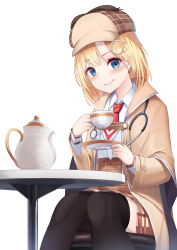 Rule 34 | 1girl, absurdres, black thighhighs, blonde hair, blue eyes, blush, breasts, brown capelet, brown hat, brown skirt, capelet, closed mouth, collared shirt, cup, feet out of frame, hair ornament, hat, highres, holding, holding cup, hololive, hololive english, jacket, layered sleeves, long sleeves, looking at viewer, necktie, plaid, plaid skirt, pleated skirt, red necktie, saucer, shirt, simple background, sitting, skirt, small breasts, smile, solo, stethoscope, table, teacup, teapot, thighhighs, virtual youtuber, watson amelia, watson amelia (1st costume), white background, white shirt, yatsucchie