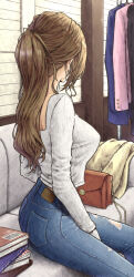 Rule 34 | 1girl, absurdres, aramachi, band, book, book stack, brown hair, couch, denim, facing away, highres, indoors, jacket, jeans, long hair, on couch, original, pants, shirt, sitting, solo, unworn jacket, very long hair, white shirt